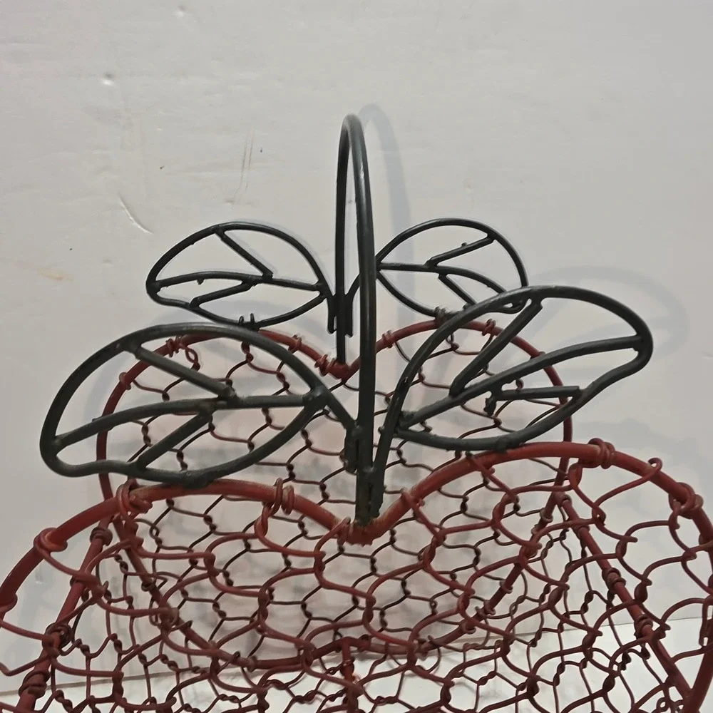 Rustic Apple Shaped Wire Fruit Basket Red Chicken Wire Farmhouse Decor Handle